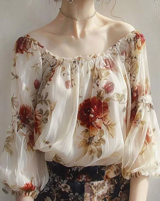 off-shoulder top Isabelle Off-The-Shoulder Floral Chiffon Blouse Roselili $49