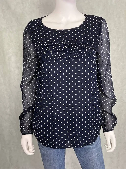 button down shirt J Crew 100% Silk Navy Beige Polka Dots Ruffle Front Sheer Sleeve eBay - parham916 $13.46