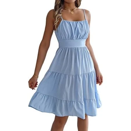 dress Jaimenalin Women Ruffled Tiered Adjustable Spaghetti Strap Midi Dress Light Blue XL, Women's Walmart - queenaa $22.97