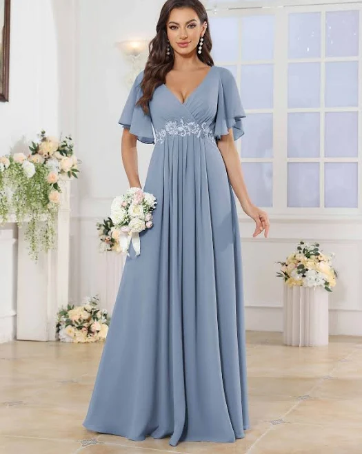 dress Jaylah A-Line Empire Short Sleeve Applique Floor Length Chiffon Bridesmaid Dress Pomuyoo $89