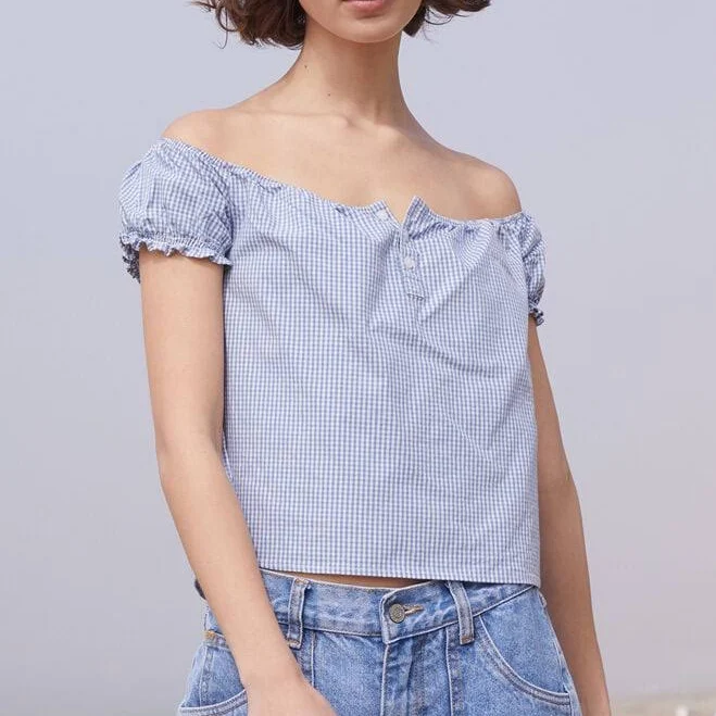 off-shoulder top John Galt Women's Gingham Clarisse Off-The-Shoulder Top in Blue/White PacSun $26