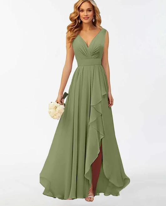 dress Kamila Elegant V Neck Ruffle Chiffon Bridesmaid Dress Pomuyoo $89