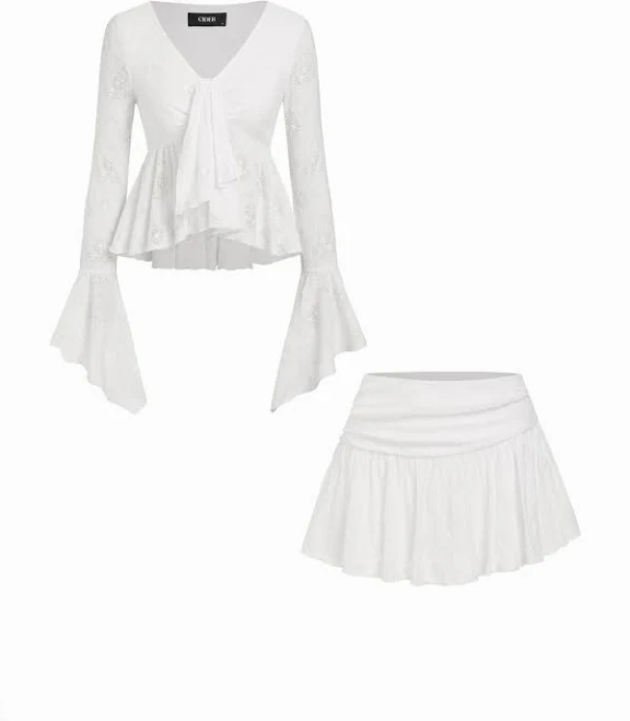 matching set Lace V-Neck Pointelle Bell Sleeve Crop Top and Ruched Mini Skirt Set Cider $44.9