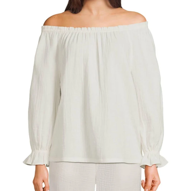 top Lands' End Women's 3/4 Sleeve Gauze On or Off the Shoulder Blouse Macy's $45.47