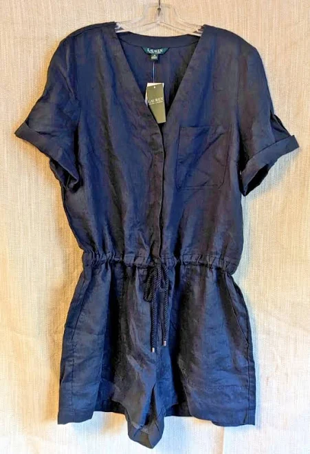 romper Lauren Ralph Lauren 100% Linen Romper Drawstring Waist Shorts, Navy eBay - gorgeous_modern_threads $38