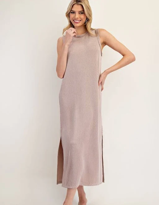 dress Light Taupe Ribbed Sleeveless Maternity Midi Dress with Side Slit PinkBlush Maternity $47