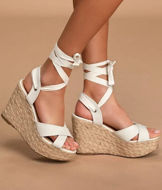 shoes Lulus White Lace-Up Espadrille Wedges Womens Lulus $39