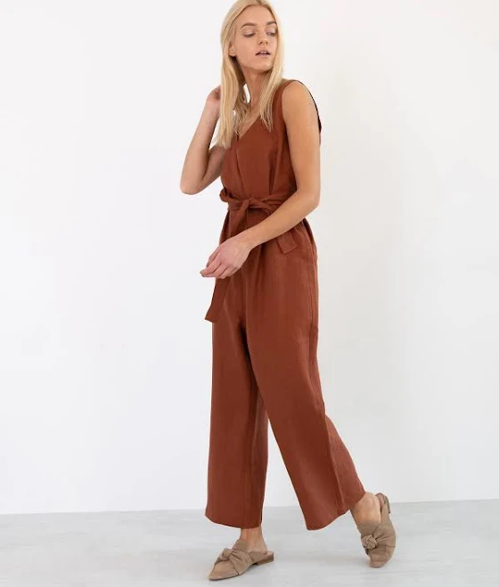 jumpsuit Madeline Sleeveless V-Neck Linen Jumpsuit with Tie Belt Etsy - LoveAndConfuse $130.03