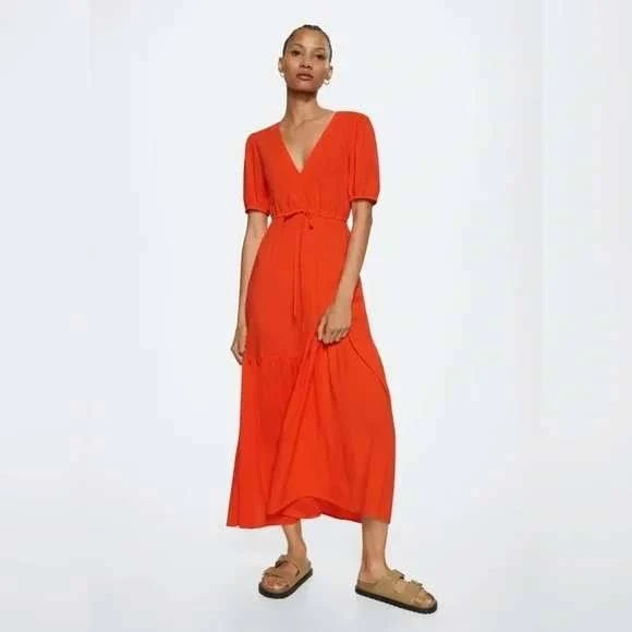 dress Mango Dresses | Mango Orange Midi Dress V Neck Short Sleeve Tie Waist Casual Summer Plus 18 | Color: Orange | Size: 18 | Milasales's Closet Poshmark $50