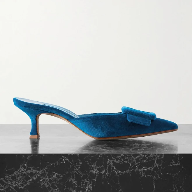 shoes Manolo Blahnik Maysale 50 Buckled Velvet Mules - Women - Turquoise Heels - IT36.5 NET-A-PORTER $597