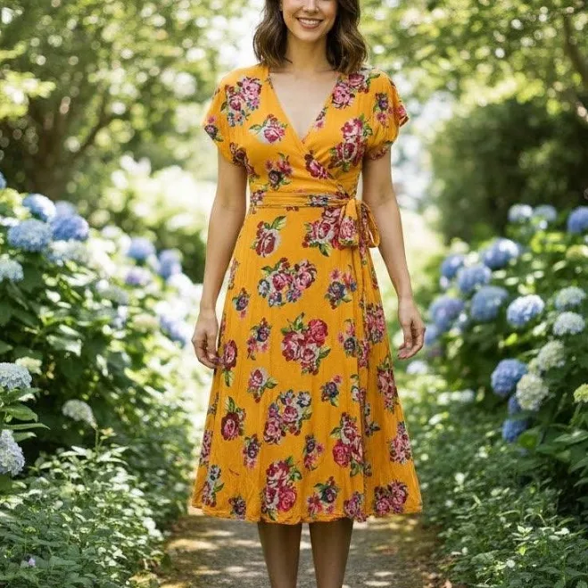 dress Matilda Jane Yellow Floral Wrap Midi Dress Short Sleeve Tie Waist Pockets S - Women | Color: Yellow/Rose/Pink | Size: M Mercari $35