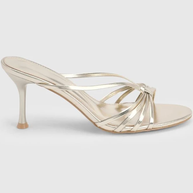 shoes MISSPAP Women's Gold Faux Metallic Leather Strappy Stiletto Heeled Mules | Size: 8 Debenhams.us $54.6