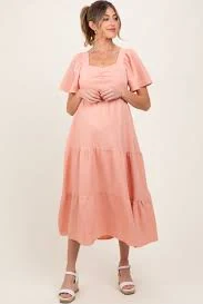 dress Peach Sweetheart Neck Short Puff Sleeve Tiered Maternity Midi Dress PinkBlush Maternity CA $51.3