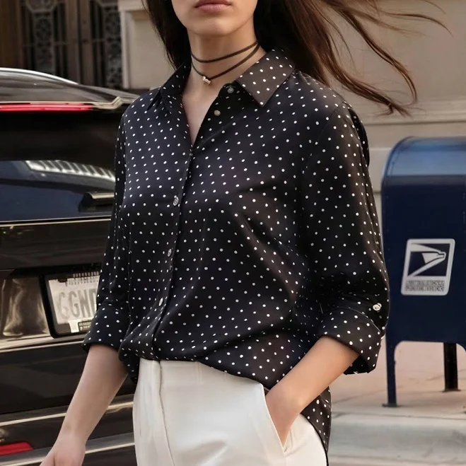 polka dots outfits Polka Dot Long Sleeve Stretch Satin Button Down Shirt New York & Company $25.99