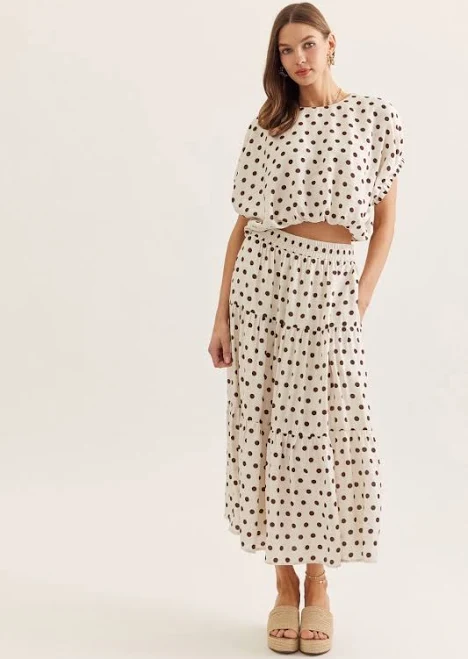 polka dots outfits Polka Dot Maxi Skirt Set The Wearhouse $98.95