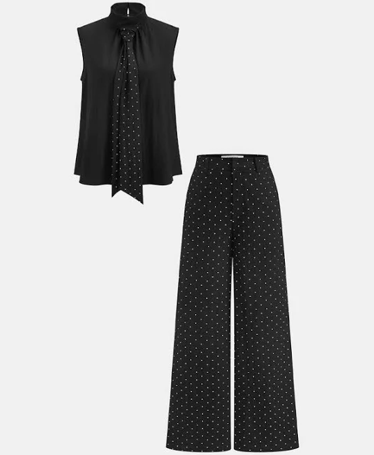two piece set Polka Dot Tie Neck Top & Wide Leg Pants Set Commense $59
