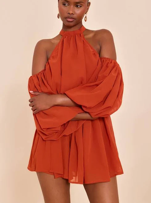 romper PrettyLittleThing Women's Chiffon Ruffle Off Shoulder Playsuit in Rust | Size: 12 Nasty Gal - US $57.5