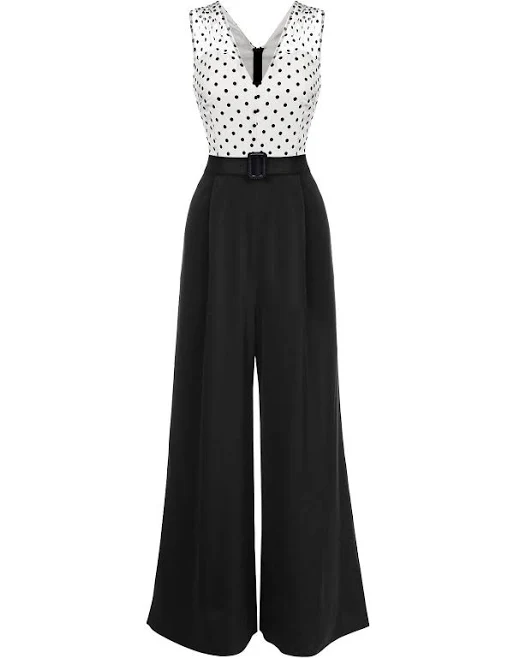 polka dots outfits Retro Stage Polka Dot V-Neck Belted Wide Leg Jumpsuit Retro Stage $36.99