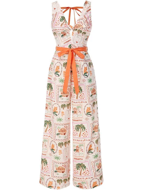 jumpsuit Retro Stage Sleeveless V-Neck Wide Leg Tropical Print Jumpsuit Retro Stage $32.99