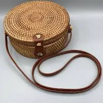 bag Round Rattan Crossbody Purse Bag Boho Straw Woven Circle Faux Leather Strap 8" eBay $18