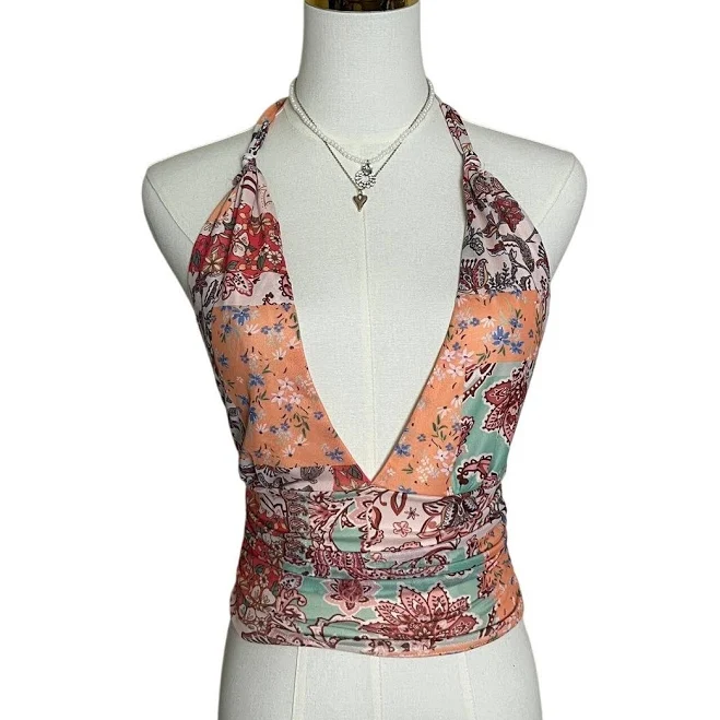 top SHEIN Women's Floral Paisley Patchwork Halter Crop Top Poshmark $15