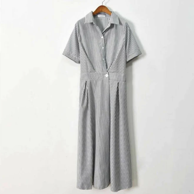 dress Short Sleeve Stripe Shirt Collar Midi Dress Button Waist Gray Color eBay $38.69