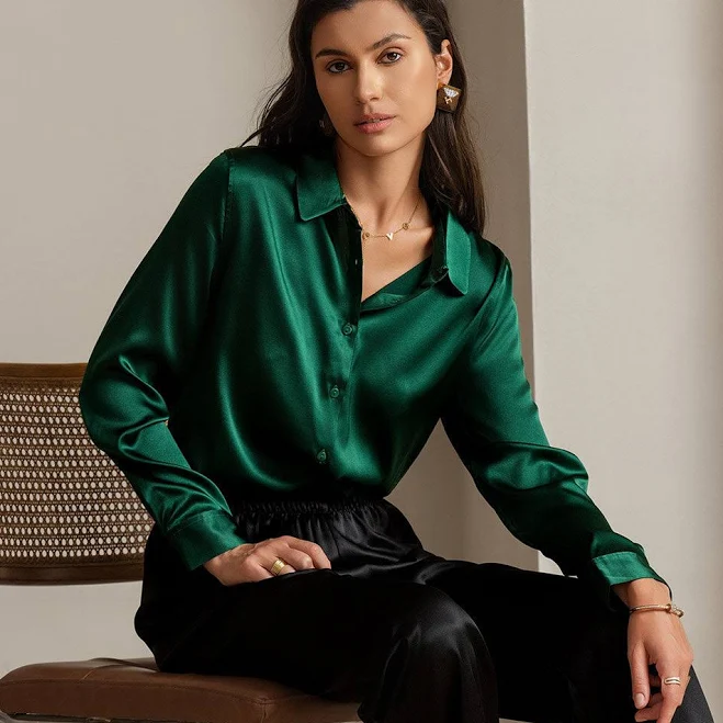 top SilkSilky Women's Silk Button Up Shirt, 19-Momme, Dark Green / L SilkSilky $99.95