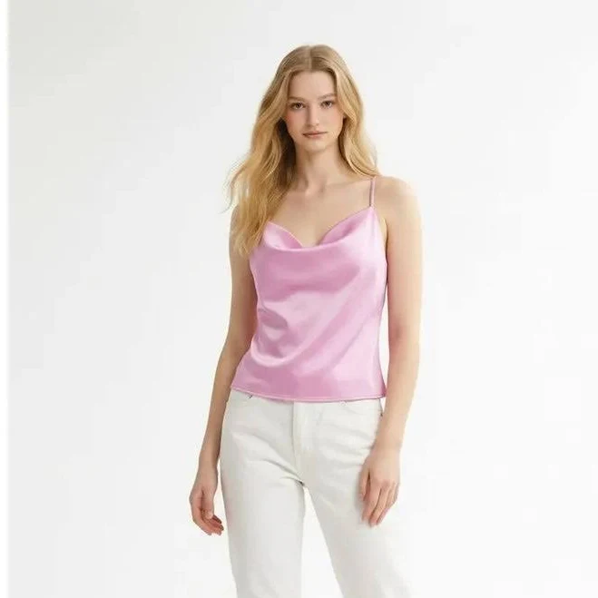 top Silky Satin Camisole Top with Adjustable Straps in Blush Pink Amanda Jean NYC $36