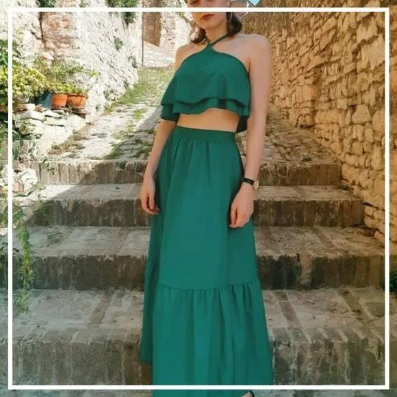 matching set Simplee Emerald Green Boho Two Piece Cropped Halter And Skirt Set eBay $30
