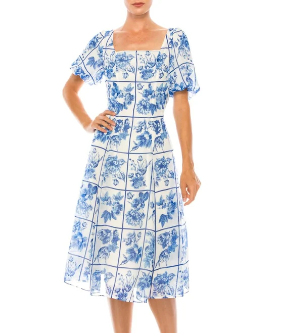dress Square Floral Short Puff Sleeve A-Line Midi Dress In Ivory Royal Blue ShopSimon $39