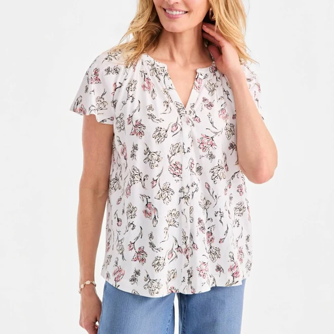 top Style & Co. Women's Printed Flutter-Sleeve Button-Front Top Macy's $25.67