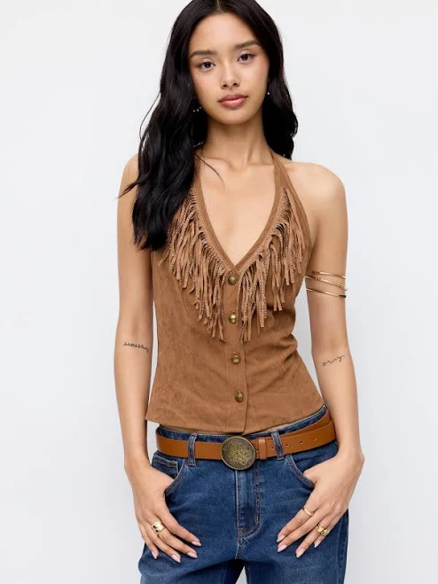 halter top Suede Halter Neck Fringe Button Front Top Cider $24.9