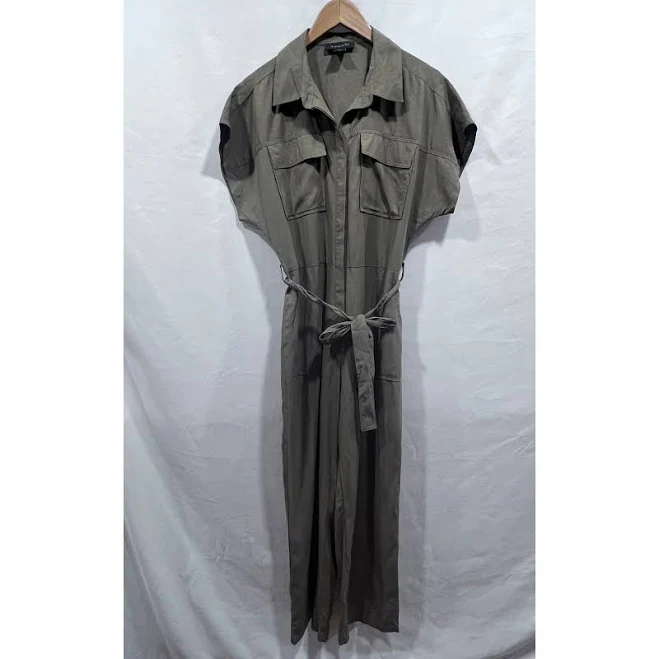 jumpsuit Tahari Pants & Jumpsuits | Tahari Olive Green Tencel Linen Wide Leg Utility Jumpsuit Short Sleeve Belted L | Color: Green | Size: L | Poshmark $38