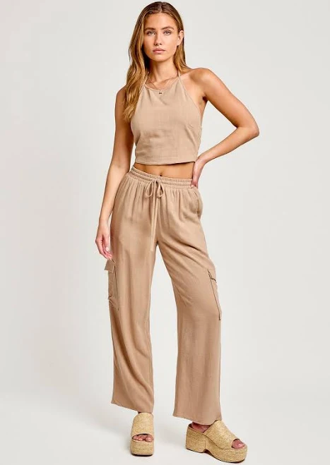 matching set Taupe Halter Neck Linen Crop Top With High Waisted Pants PinkBlush Maternity $86