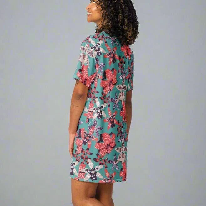 dress Teal Floral Oversized T-shirt Dress 2xs-6xl Coral Tropical Print Beach eBay - fieldhousedesigns $55.95