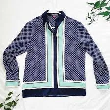 top Vince Camuto Navy, White, Teal Geometric Print Button Down Top Blouse Silk-like eBay $27