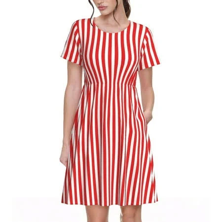 dress Vsdgher Red White Stripes for Womens Summer 2025 Casual Midi Maxi Dresses Lightweight Short Sleeve Round Neck Beach Dress Walmart - Agari cup $29.99