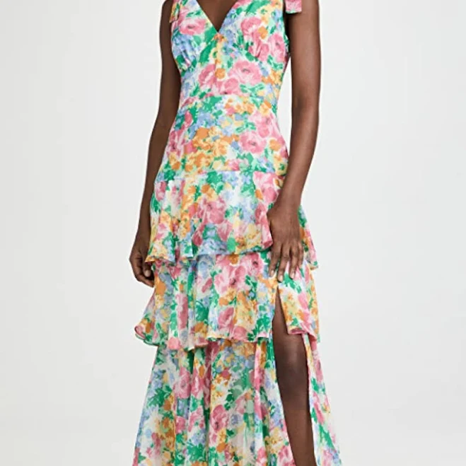 dress Wayf Dresses | Wayf Floral Tiered Midi Dress In Pink, Yellow, Green | Color: Pink/Yellow | Size: L | Pm-26412338's Closet Poshmark $65