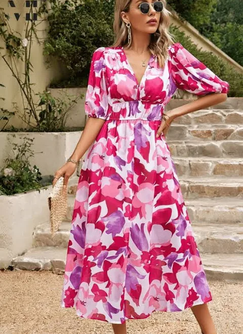dress Women’s Elegant Floral Midi Dress with Puff Sleeves, Pink / M Love Soho $53