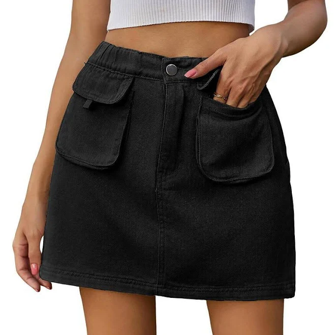 denim skirt Women Summer Washed Elastic Waist Denim Skirt Casual Cargo Pocket Denim Skirt Daily Versatile Skirt, Women's, Size: Medium, Black Kohl's $44.99
