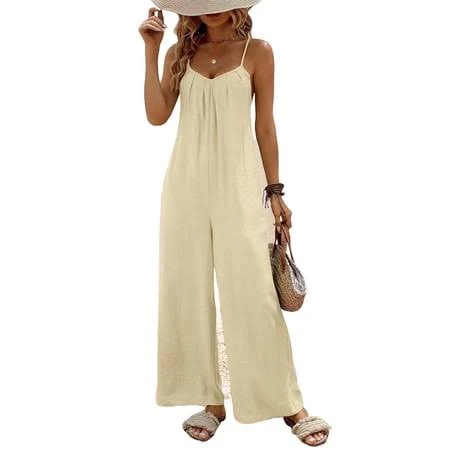 jumpsuit Women's Casual Cotton Linen Spaghetti Strap Wide Leg Jumpsuit Walmart - hujjm $14.26