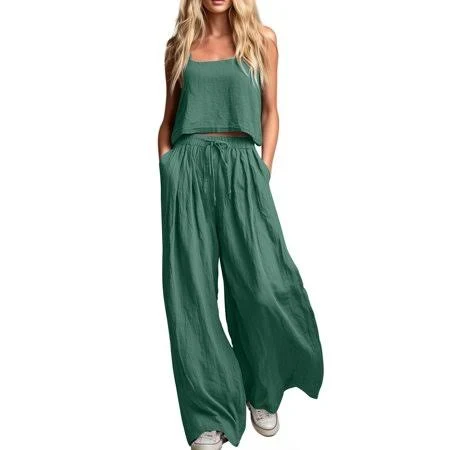 matching set Women's Casual Linen Flowy Cami Tops and Wide Leg Trousers Walmart - ShomPort Clothing $15.99