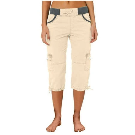 shorts Women's Casual Linen High-Waisted Cargo Shorts with Elastic Drawstring Walmart - QIJUNTUO Clothing $20.94