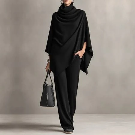 oversized outfit Women's Casual Loose High Neck Cape Top and Wide Leg Pants Walmart - Uootdi $30.99