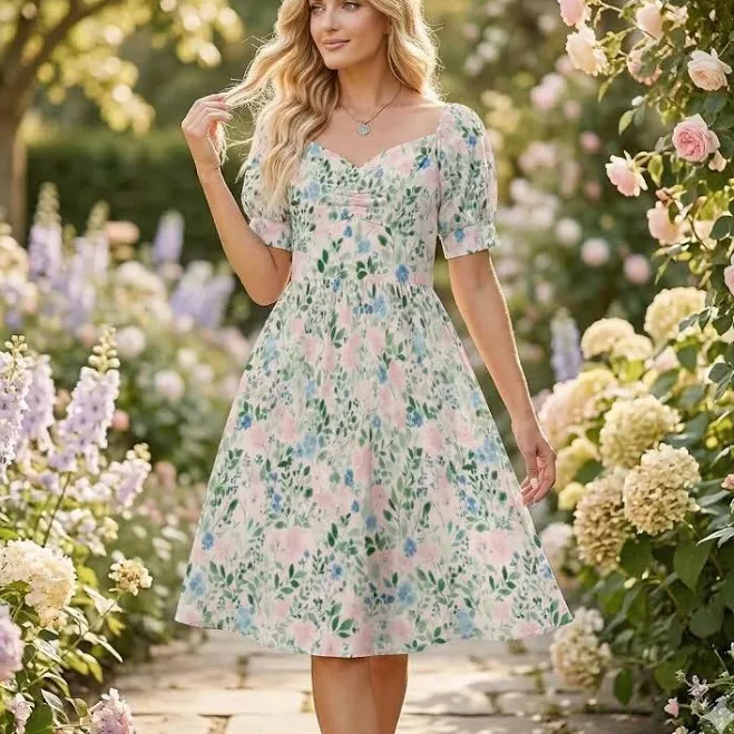 dress Women's Floral Watercolor Puff Sleeve Midi Dress Etsy - Seller $33.6