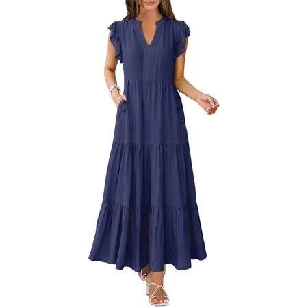 dress Women's Flowy Ruffle Sleeve V Neck Maxi Sundress Walmart - ANRABESS FASHION $37.99