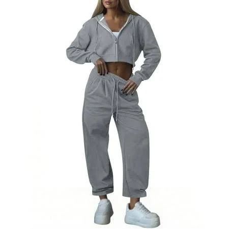 matching set Women's Full Zip Hoodie Set with Drawstring Walmart - Jewelreauty Clothes $19.42