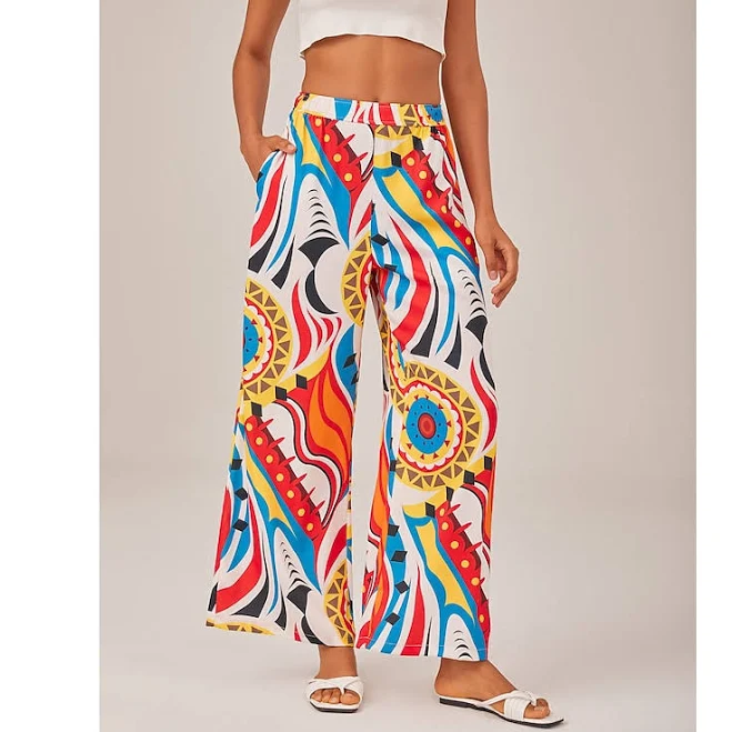 pants Women's Geometric Print High Waist Wide Leg Loose Fit Full Length Pants Ador.com $17.7