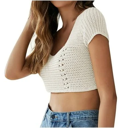 top Women's Lace Crochet Hollow Out Ribbed Knit Top Walmart - DailyClosetVibe $10.38
