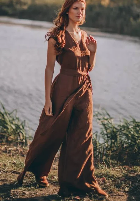 jumpsuit Women's Linen Wide Leg Jumpsuit with Pockets VisibleArt $146